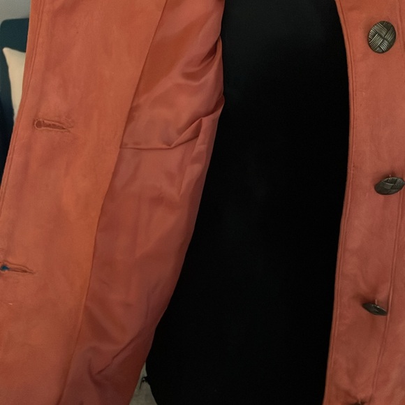 14P Tan Jay Burnt Orange Faux Suede Jacket Metal Buttons Zipper Pockets - Picture 10 of 11